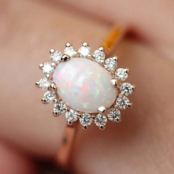 Victoria Opal & Topaz Ring 18 Rose Gold on Pure Copper. 4-claw Settings. - Picture 3 of 15